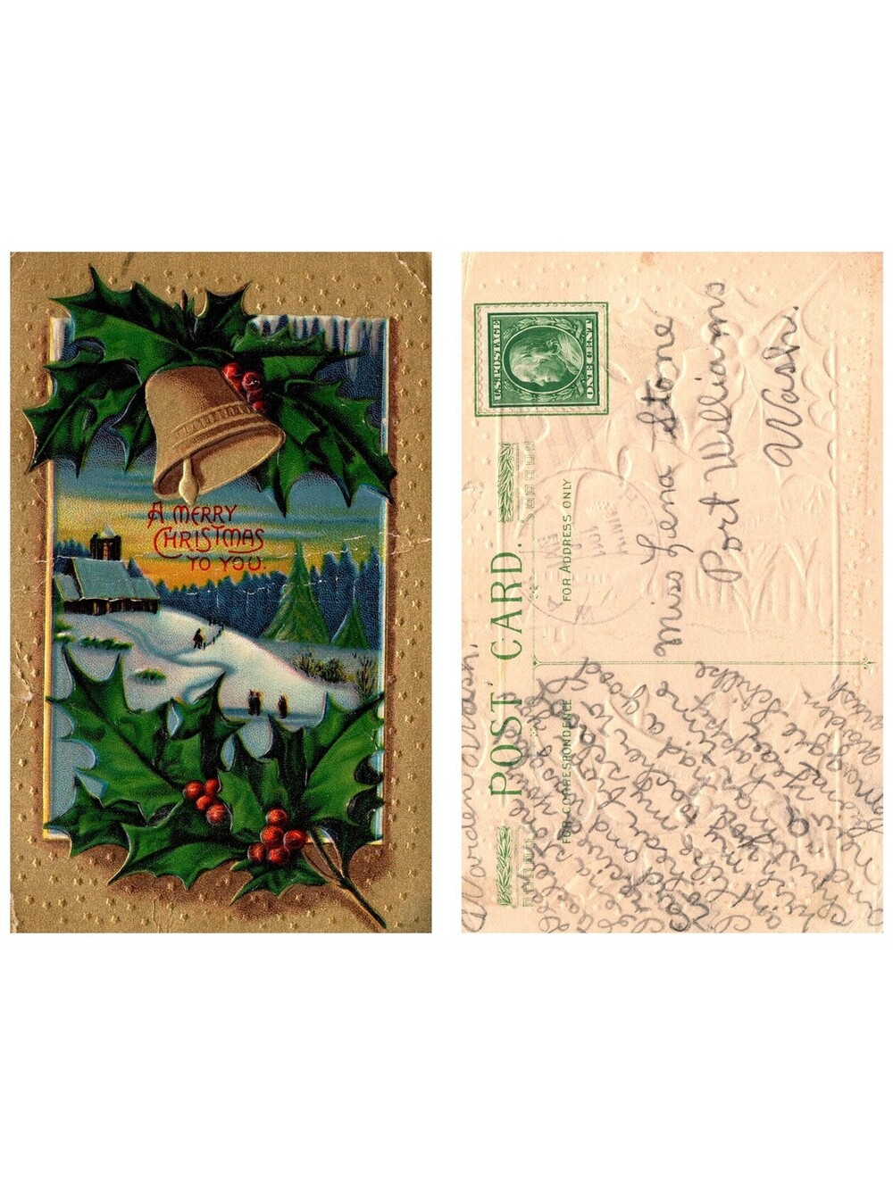 Vintage Postcard 1911 Christmas Bells Holly Embossed Holiday Greetings Emobossed